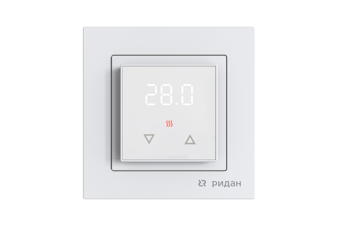 21RT0103R — Терморегулятор Ридан Room, белый, IP 21, размеры 84 x 84 x 50 мм, диапазон регулирования температуры 5...40 °С